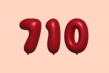 3D gerçekçi metalik hava balonundan yapılmış 710 numara balon. Satılık parti dekorasyonu için 3 boyutlu kırmızı helyum balonları, kutlama yıldönümü, düğün tatili. Vektör illüstrasyonu