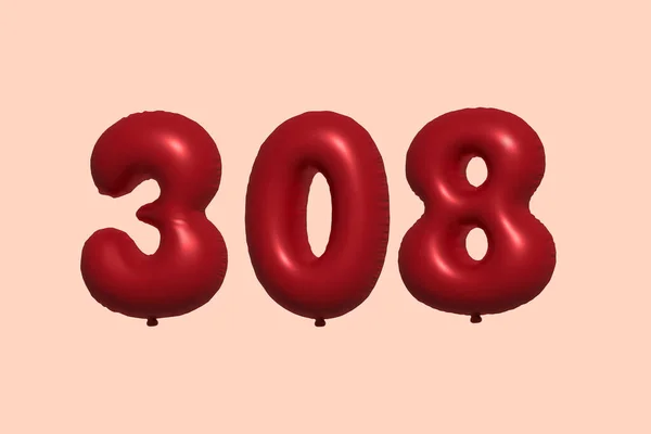 現実的な金属空気バルーン3Dレンダリングで作られた308 3D番号バルーン 販売の装飾パーティーの誕生日 お祝いの記念日 結婚式の休日のための3Dレッドヘリウム風船 ベクターイラスト — ストックベクタ