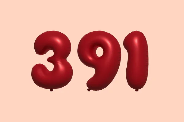 391 Nummerballon Gemaakt Van Realistische Metalen Luchtballon Rendering Rode Helium — Stockvector