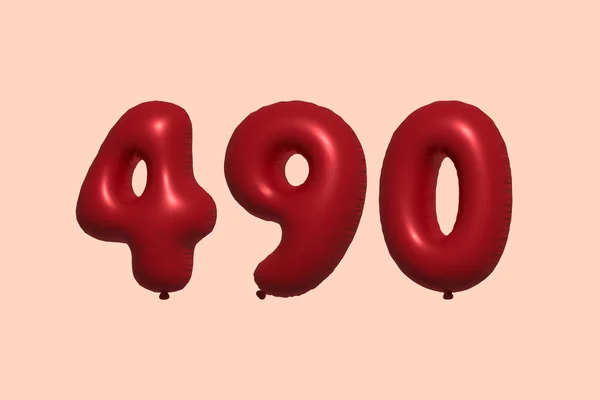 490 Číslo Balón Realistického Kovového Vzduchového Balónu Rendering Červené Helium — Stockový vektor