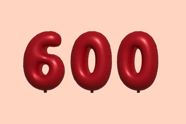 600 Číslo Balón Realistického Kovového Vzduchového Balónu Rendering Červené Helium — Stockový vektor