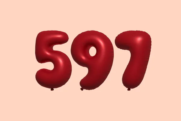 597 Nummerballong Tillverkad Realistisk Metallisk Luftballong Rendering Red Helium Ballonger — Stock vektor