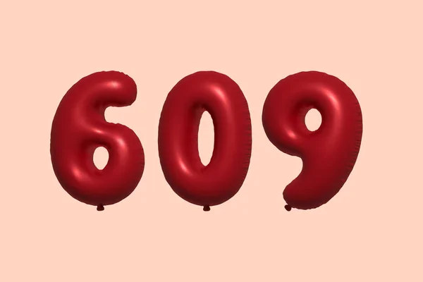 609 Nummerballong Tillverkad Realistisk Metallisk Luftballong Rendering Red Helium Ballonger — Stock vektor