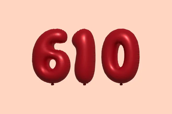 610 Číslo Balón Realistického Kovového Vzduchového Balónu Rendering Červené Helium — Stockový vektor