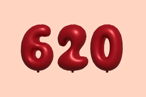 620 Číslo Balón Realistického Kovového Vzduchového Balónu Rendering Červené Helium — Stockový vektor