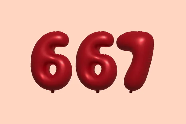 Balon Numer 667 Wykonany Realistycznego Metalicznego Balonu Renderingu Powietrza Czerwony — Wektor stockowy