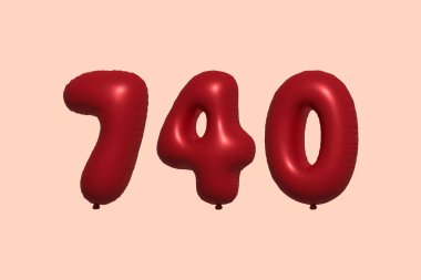 3D gerçekçi metalik hava balonundan yapılmış 740 numara balon. Satılık parti dekorasyonu için 3 boyutlu kırmızı helyum balonları, kutlama yıldönümü, düğün tatili. Vektör illüstrasyonu