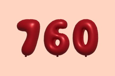 3D gerçekçi metalik hava balonundan yapılmış 760 numara balon. Satılık parti dekorasyonu için 3 boyutlu kırmızı helyum balonları, kutlama yıldönümü, düğün tatili. Vektör illüstrasyonu