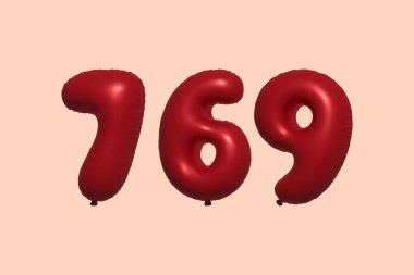 769 3d numaralı balon gerçekçi metalik hava balonu 3D görüntüleme. Satılık parti dekorasyonu için 3 boyutlu kırmızı helyum balonları, kutlama yıldönümü, düğün tatili. Vektör illüstrasyonu