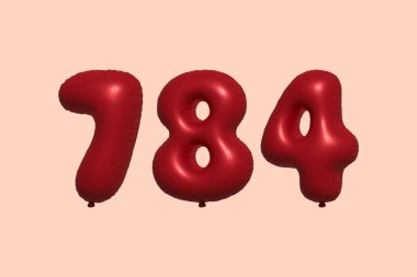 3D gerçekçi metalik hava balonundan yapılmış 784 numara balon. Satılık parti dekorasyonu için 3 boyutlu kırmızı helyum balonları, kutlama yıldönümü, düğün tatili. Vektör illüstrasyonu
