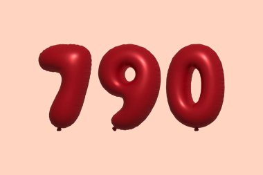 3D gerçekçi metalik hava balonundan yapılmış 790 numara balon. Satılık parti dekorasyonu için 3 boyutlu kırmızı helyum balonları, kutlama yıldönümü, düğün tatili. Vektör illüstrasyonu