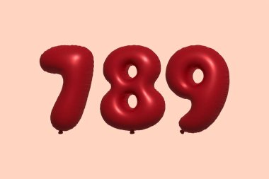 789 3D numaralı balon gerçekçi metalik hava balonu 3D görüntüleme. Satılık parti dekorasyonu için 3 boyutlu kırmızı helyum balonları, kutlama yıldönümü, düğün tatili. Vektör illüstrasyonu