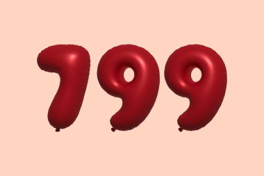 Gerçekçi metalik hava balonundan yapılmış 3D 799 numara balon. Satılık parti dekorasyonu için 3 boyutlu kırmızı helyum balonları, kutlama yıldönümü, düğün tatili. Vektör illüstrasyonu