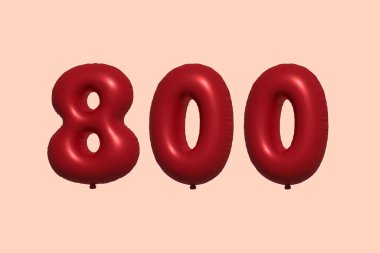 Gerçekçi metalik hava balonu 3D görüntülemesinden yapılmış 800 3D numaralı balon. Satılık parti dekorasyonu için 3 boyutlu kırmızı helyum balonları, kutlama yıldönümü, düğün tatili. Vektör illüstrasyonu