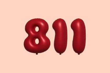 3D gerçekçi metalik hava balonundan yapılmış 811 numara balon. Satılık parti dekorasyonu için 3 boyutlu kırmızı helyum balonları, kutlama yıldönümü, düğün tatili. Vektör illüstrasyonu