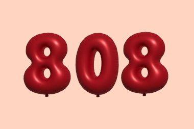 808 3d numaralı balon gerçekçi metalik hava balonu 3D görüntüleme. Satılık parti dekorasyonu için 3 boyutlu kırmızı helyum balonları, kutlama yıldönümü, düğün tatili. Vektör illüstrasyonu