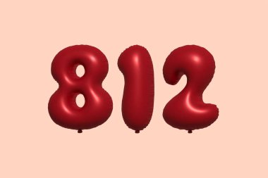 3D gerçekçi metalik hava balonundan yapılmış 812 numara balon. Satılık parti dekorasyonu için 3 boyutlu kırmızı helyum balonları, kutlama yıldönümü, düğün tatili. Vektör illüstrasyonu