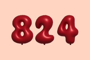 3D gerçekçi metalik hava balonundan yapılmış 824 numara balon. Satılık parti dekorasyonu için 3 boyutlu kırmızı helyum balonları, kutlama yıldönümü, düğün tatili. Vektör illüstrasyonu