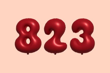 3D gerçekçi metalik hava balonundan yapılmış 823 numara balon. Satılık parti dekorasyonu için 3 boyutlu kırmızı helyum balonları, kutlama yıldönümü, düğün tatili. Vektör illüstrasyonu