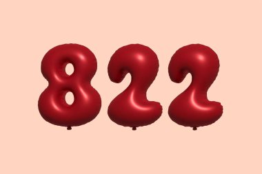 3D gerçekçi metalik hava balonundan yapılmış 822 numara balon. Satılık parti dekorasyonu için 3 boyutlu kırmızı helyum balonları, kutlama yıldönümü, düğün tatili. Vektör illüstrasyonu