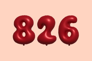 3D gerçekçi metalik hava balonundan yapılmış 826 numara balon. Satılık parti dekorasyonu için 3 boyutlu kırmızı helyum balonları, kutlama yıldönümü, düğün tatili. Vektör illüstrasyonu