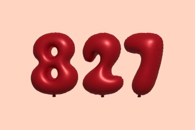 3D gerçekçi metalik hava balonundan yapılmış 827 numara balon. Satılık parti dekorasyonu için 3 boyutlu kırmızı helyum balonları, kutlama yıldönümü, düğün tatili. Vektör illüstrasyonu