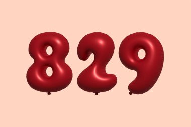 3D gerçekçi metalik hava balonundan yapılmış 829 numara balon. Satılık parti dekorasyonu için 3 boyutlu kırmızı helyum balonları, kutlama yıldönümü, düğün tatili. Vektör illüstrasyonu