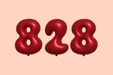 3D gerçekçi metalik hava balonundan yapılmış 828 numara balon. Satılık parti dekorasyonu için 3 boyutlu kırmızı helyum balonları, kutlama yıldönümü, düğün tatili. Vektör illüstrasyonu