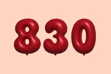 3D gerçekçi metalik hava balonundan yapılmış 830 numara balon. Satılık parti dekorasyonu için 3 boyutlu kırmızı helyum balonları, kutlama yıldönümü, düğün tatili. Vektör illüstrasyonu
