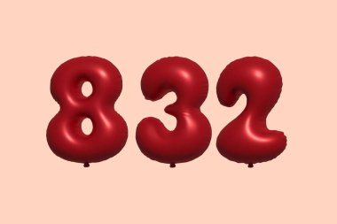 Gerçekçi metalik hava balonundan yapılmış 832 3d numaralı balon 3D. Satılık parti dekorasyonu için 3 boyutlu kırmızı helyum balonları, kutlama yıldönümü, düğün tatili. Vektör illüstrasyonu