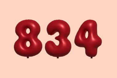3D gerçekçi metalik hava balonundan yapılmış 834 numara balon. Satılık parti dekorasyonu için 3 boyutlu kırmızı helyum balonları, kutlama yıldönümü, düğün tatili. Vektör illüstrasyonu
