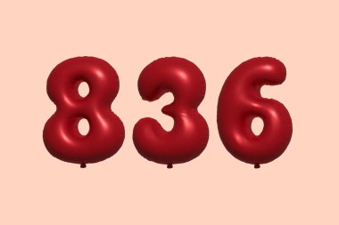 3D gerçekçi metalik hava balonundan yapılmış 836 numara balon. Satılık parti dekorasyonu için 3 boyutlu kırmızı helyum balonları, kutlama yıldönümü, düğün tatili. Vektör illüstrasyonu