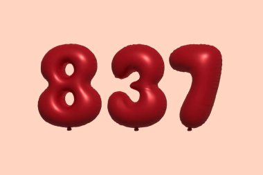 3D gerçekçi metalik hava balonundan yapılmış 837 numara balon. Satılık parti dekorasyonu için 3 boyutlu kırmızı helyum balonları, kutlama yıldönümü, düğün tatili. Vektör illüstrasyonu