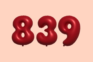 3D gerçekçi metalik hava balonundan yapılmış 839 numara balon. Satılık parti dekorasyonu için 3 boyutlu kırmızı helyum balonları, kutlama yıldönümü, düğün tatili. Vektör illüstrasyonu