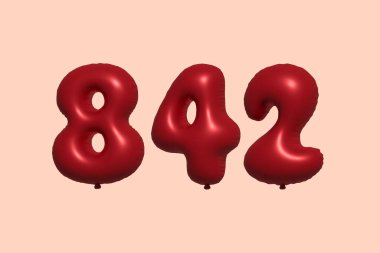 3D gerçekçi metalik hava balonundan yapılmış 842 numara balon. Satılık parti dekorasyonu için 3 boyutlu kırmızı helyum balonları, kutlama yıldönümü, düğün tatili. Vektör illüstrasyonu