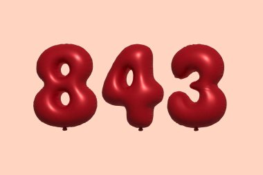 3D gerçekçi metalik hava balonundan yapılmış 843 numara balon. Satılık parti dekorasyonu için 3 boyutlu kırmızı helyum balonları, kutlama yıldönümü, düğün tatili. Vektör illüstrasyonu