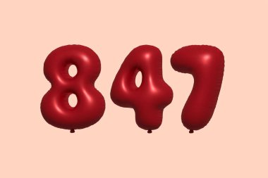 Gerçekçi metalik hava balonundan yapılmış 847 3d numaralı balon 3D. Satılık parti dekorasyonu için 3 boyutlu kırmızı helyum balonları, kutlama yıldönümü, düğün tatili. Vektör illüstrasyonu