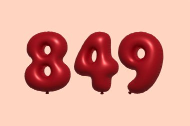 3D gerçekçi metalik hava balonundan yapılmış 849 numara balon. Satılık parti dekorasyonu için 3 boyutlu kırmızı helyum balonları, kutlama yıldönümü, düğün tatili. Vektör illüstrasyonu