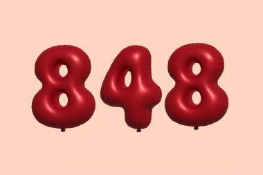 3D gerçekçi metalik hava balonundan yapılmış 848 numara balon. Satılık parti dekorasyonu için 3 boyutlu kırmızı helyum balonları, kutlama yıldönümü, düğün tatili. Vektör illüstrasyonu