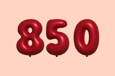 3D gerçekçi metalik hava balonundan yapılmış 850 numara balon. Satılık parti dekorasyonu için 3 boyutlu kırmızı helyum balonları, kutlama yıldönümü, düğün tatili. Vektör illüstrasyonu