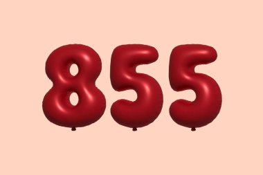 3D gerçekçi metalik hava balonundan yapılmış 855 numara balon. Satılık parti dekorasyonu için 3 boyutlu kırmızı helyum balonları, kutlama yıldönümü, düğün tatili. Vektör illüstrasyonu