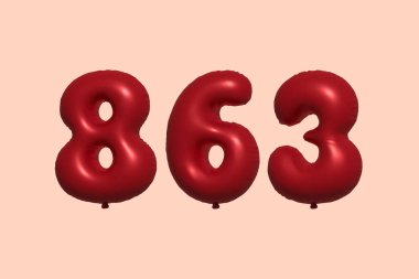 3D gerçekçi metalik hava balonundan yapılmış 863 numara balon. Satılık parti dekorasyonu için 3 boyutlu kırmızı helyum balonları, kutlama yıldönümü, düğün tatili. Vektör illüstrasyonu
