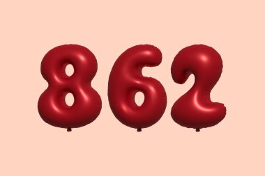 3D gerçekçi metalik hava balonundan yapılmış 862 numara balon. Satılık parti dekorasyonu için 3 boyutlu kırmızı helyum balonları, kutlama yıldönümü, düğün tatili. Vektör illüstrasyonu