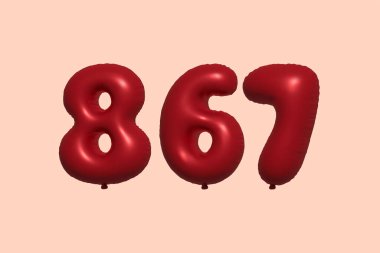 3D gerçekçi metalik hava balonundan yapılmış 867 numara balon. Satılık parti dekorasyonu için 3 boyutlu kırmızı helyum balonları, kutlama yıldönümü, düğün tatili. Vektör illüstrasyonu