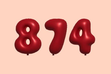 3D gerçekçi metalik hava balonundan yapılmış 874 numara balon. Satılık parti dekorasyonu için 3 boyutlu kırmızı helyum balonları, kutlama yıldönümü, düğün tatili. Vektör illüstrasyonu