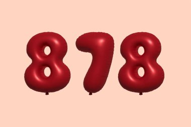 3D gerçekçi metalik hava balonundan yapılmış 878 numara balon. Satılık parti dekorasyonu için 3 boyutlu kırmızı helyum balonları, kutlama yıldönümü, düğün tatili. Vektör illüstrasyonu