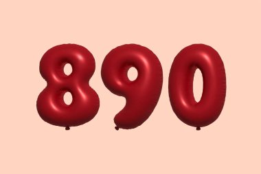 3D gerçekçi metalik hava balonundan yapılmış 890 numara balon. Satılık parti dekorasyonu için 3 boyutlu kırmızı helyum balonları, kutlama yıldönümü, düğün tatili. Vektör illüstrasyonu