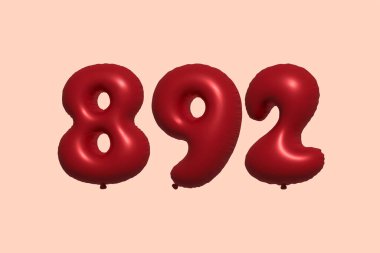 3D gerçekçi metalik hava balonundan yapılmış 892 numara balon. Satılık parti dekorasyonu için 3 boyutlu kırmızı helyum balonları, kutlama yıldönümü, düğün tatili. Vektör illüstrasyonu