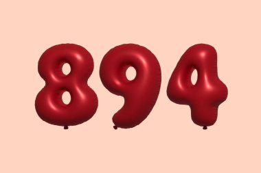 Gerçekçi metalik hava balonundan yapılmış 894 numara 3D balon. Satılık parti dekorasyonu için 3 boyutlu kırmızı helyum balonları, kutlama yıldönümü, düğün tatili. Vektör illüstrasyonu