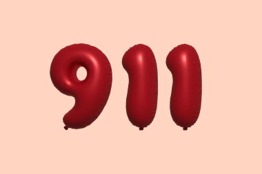 Gerçekçi metalik hava balonu 3D görüntülemesinden yapılmış 911 3D numaralı balon. Satılık parti dekorasyonu için 3 boyutlu kırmızı helyum balonları, kutlama yıldönümü, düğün tatili. Vektör illüstrasyonu